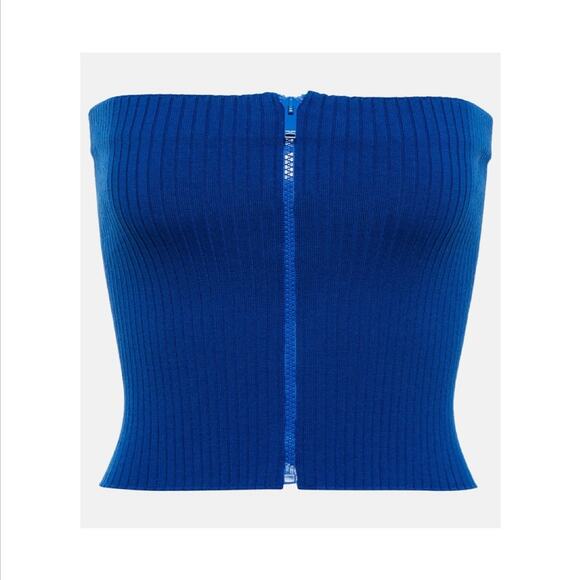YSL Saint Laurent Size XS Ribbed Knit Strapless Top Front Zip Blue NWT $690 - Picture 2 of 12